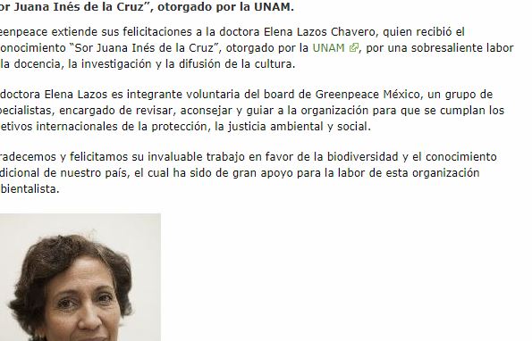 Lee más sobre el artículo Reconoce UNAM a Elena Lazos, asesora de Greenpeace México