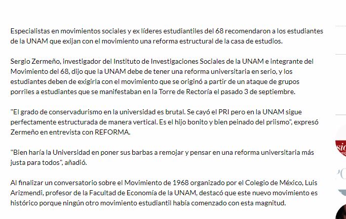 Lee más sobre el artículo Especialistas en movimientos sociales y ex líderes del 68 recomendaron a estudiantes de UNAM exigir reforma estructural de la Universidad.