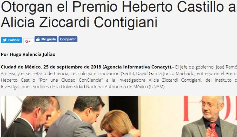 Lee más sobre el artículo Otorgan el Premio Heberto Castillo a Alicia Ziccardi Contigiani