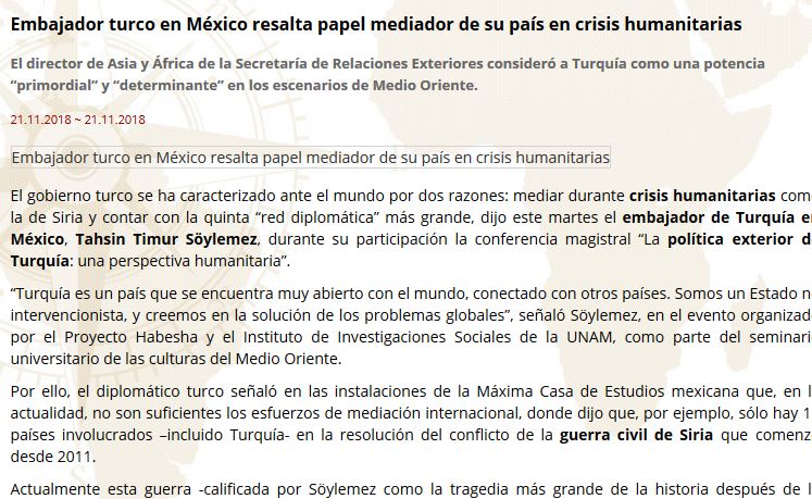 Lee más sobre el artículo Embajador turco en México resalta papel mediador de su país en crisis humanitarias