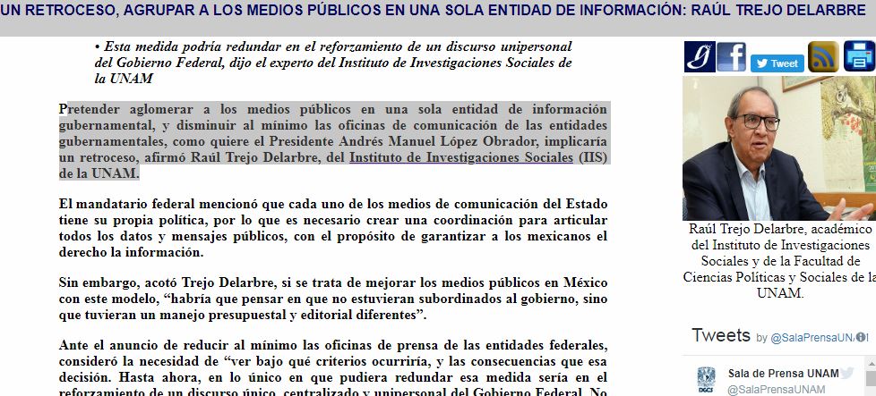 Lee más sobre el artículo Un retroceso, agrupar a los medios públicos en una sola entidad de información: RAÚL TREJO DELARBRE