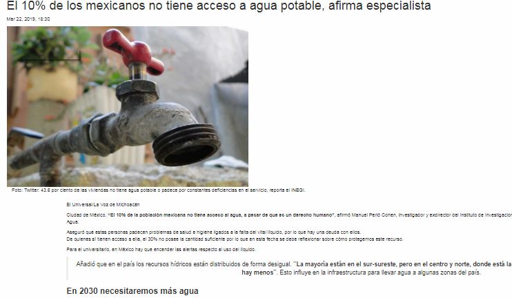 Lee más sobre el artículo El 10% de los mexicanos no tiene acceso a agua potable, afirma especialista