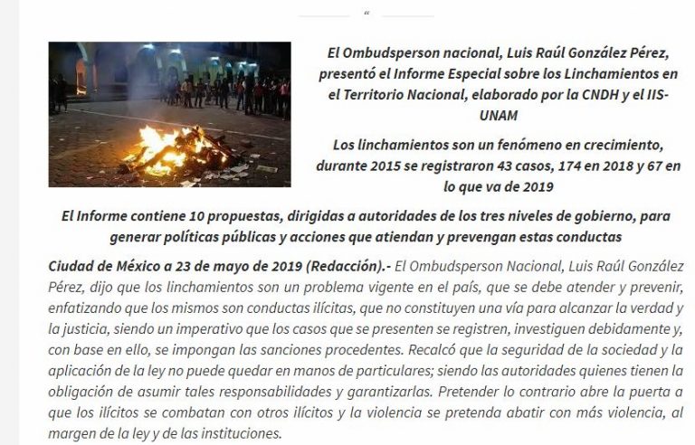 Lee más sobre el artículo Llama la atención la CNDH sobre el aumento registrado en los casos de linchamiento en el país desde 2015 y la necesidad de que se dé respuesta y prevengan tales conductas