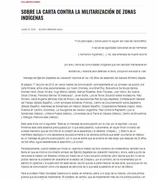 Lee más sobre el artículo SOBRE LA CARTA CONTRA LA MILITARIZACIÓN DE ZONAS INDÍGENAS