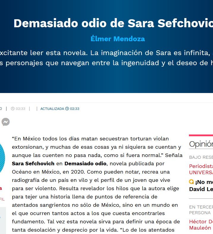 Lee más sobre el artículo Demasiado odio de Sara Sefchovich