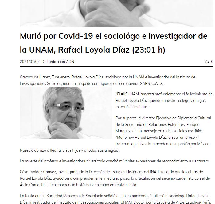 Lee más sobre el artículo Murió por Covid-19 el sociólogo e investigador de la UNAM, Rafael Loyola Díaz (23:01 h)