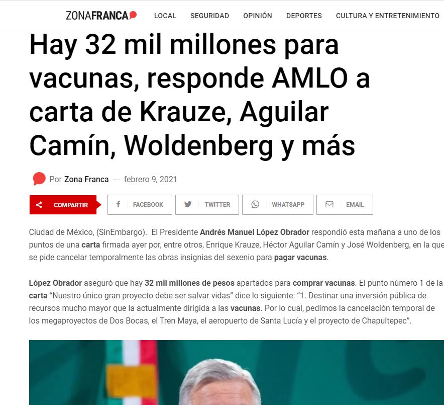 Lee más sobre el artículo Hay 32 mil millones para vacunas, responde AMLO a carta de Krauze, Aguilar Camín, Woldenberg y más