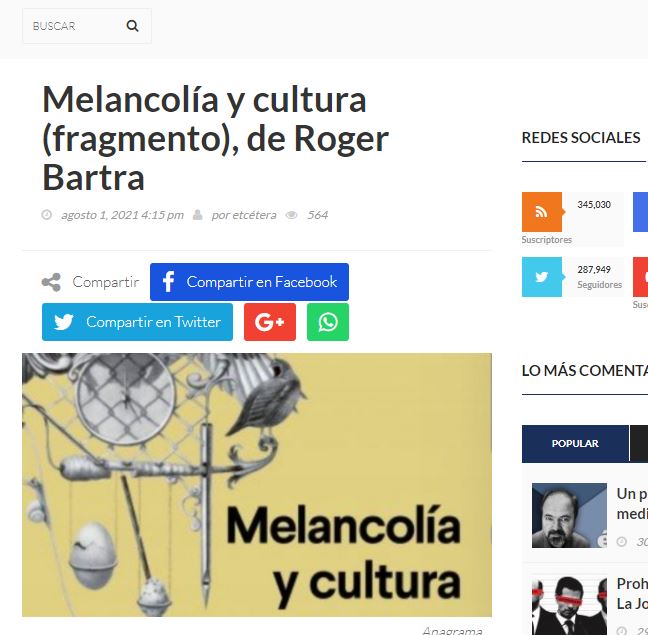 Lee más sobre el artículo Melancolía y cultura (fragmento), de Roger Bartra